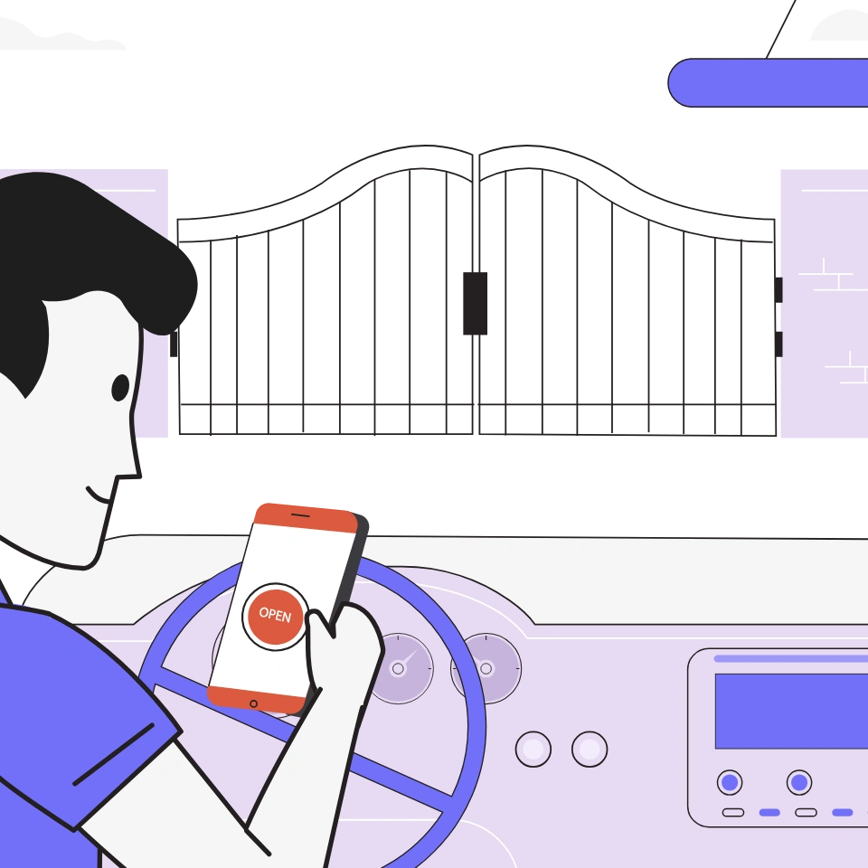 Resident opening gate from smartphone while in vehicle