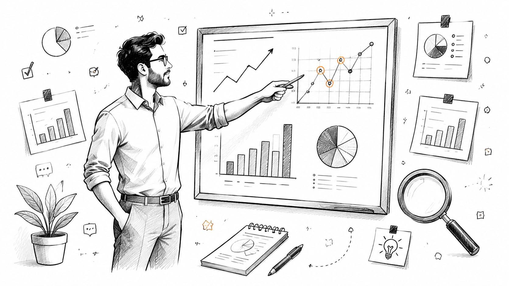 A professional man explaining data trends on a whiteboard with various business charts and office icons.