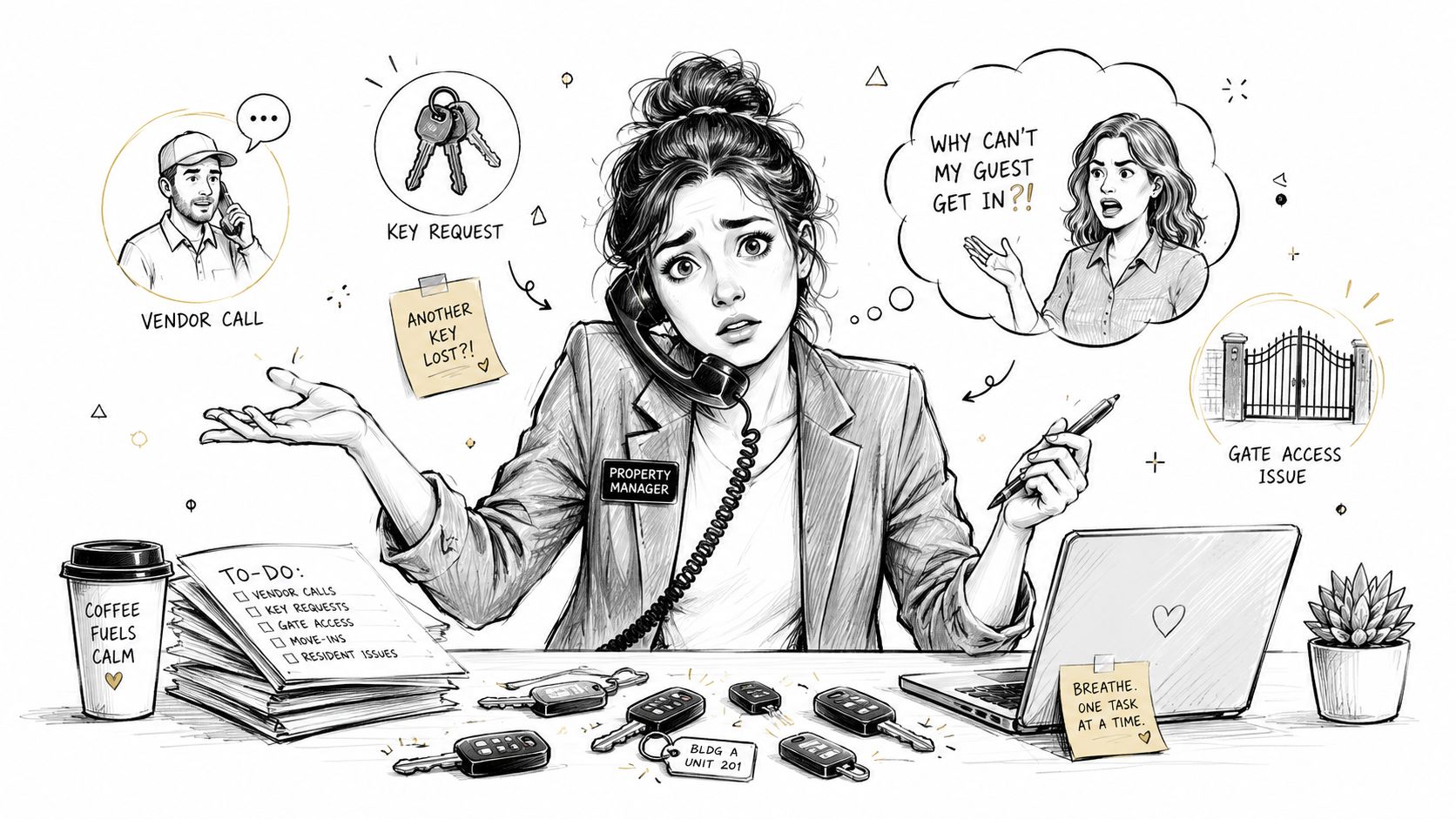 A stressed property manager juggling multiple tasks like key requests, vendor calls, and resident access issues.