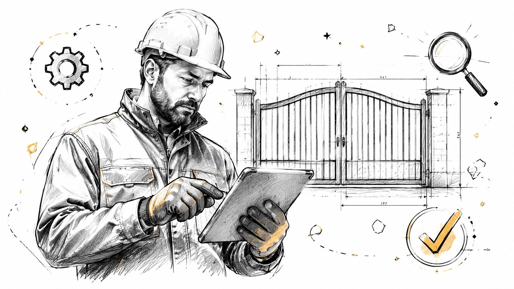 A construction engineer in a hard hat inspecting a digital blueprint of a metal driveway gate.
