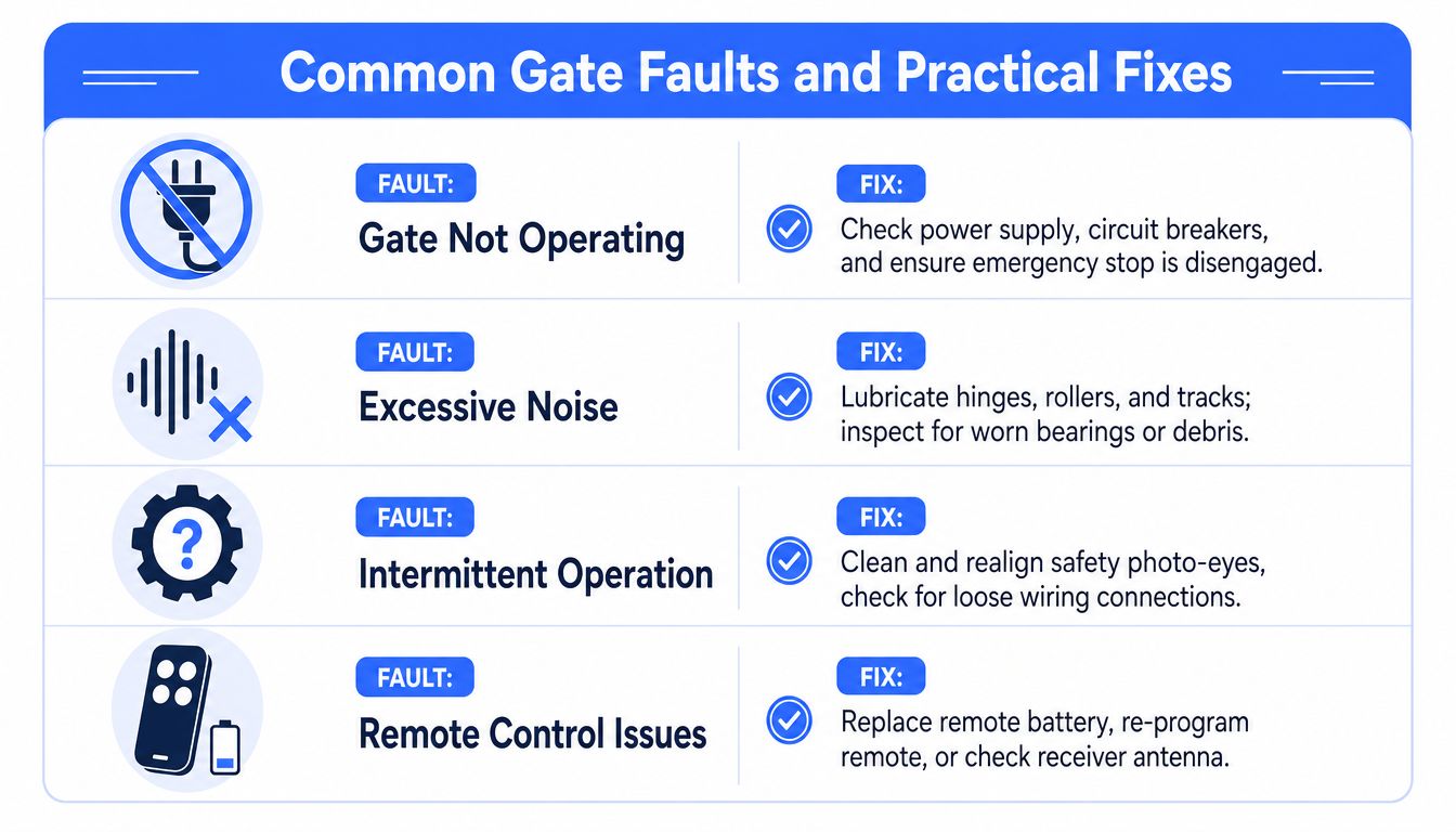 A chart illustrating common gate faults and their corresponding practical troubleshooting fixes for maintenance.
