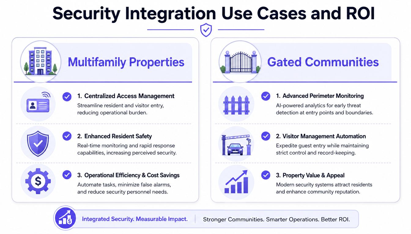 An infographic illustrating the benefits and ROI of integrated security systems for multifamily properties and gated communities.