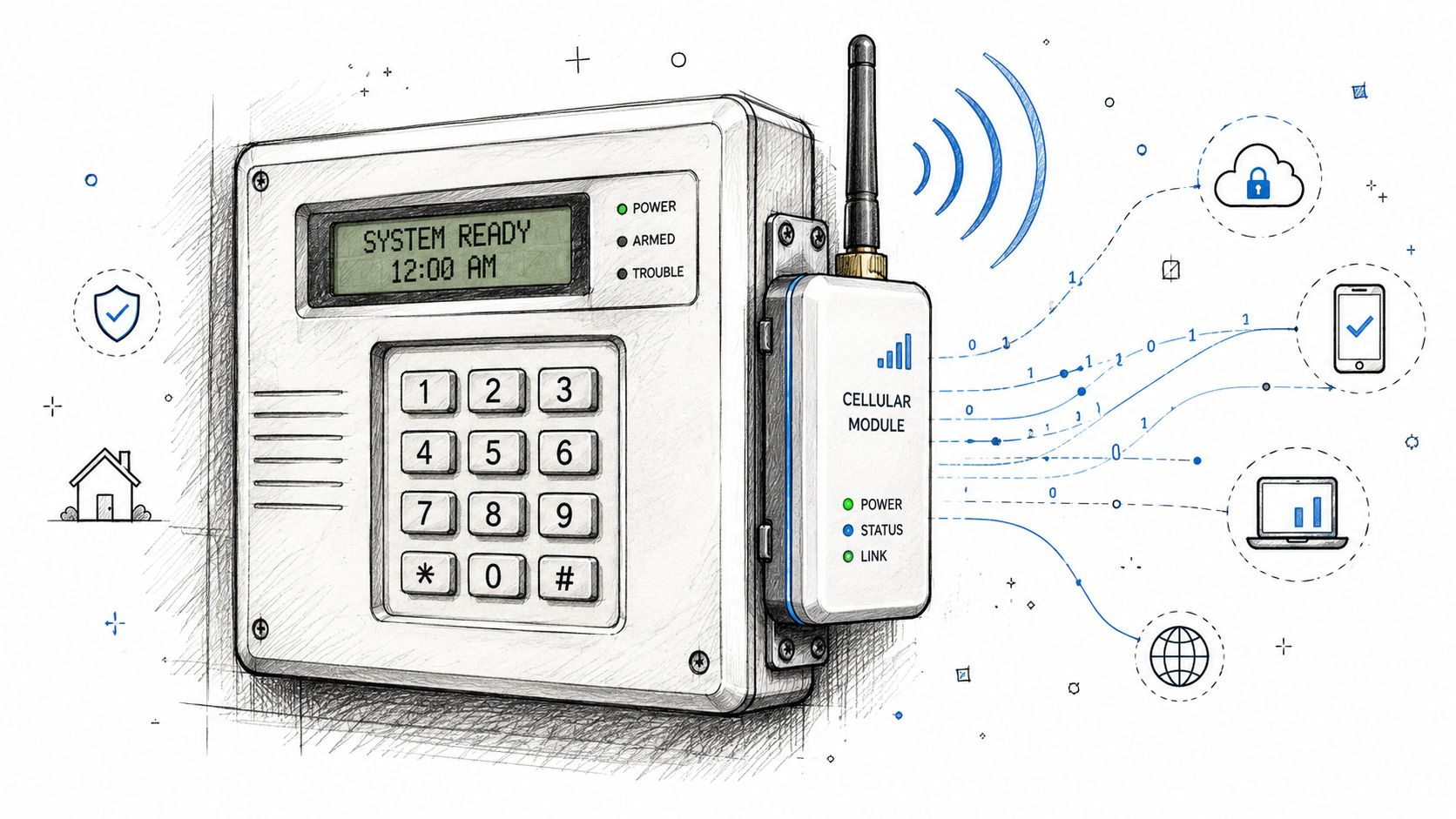 A hand-drawn sketch of a home security system panel connected to a cellular communication module.