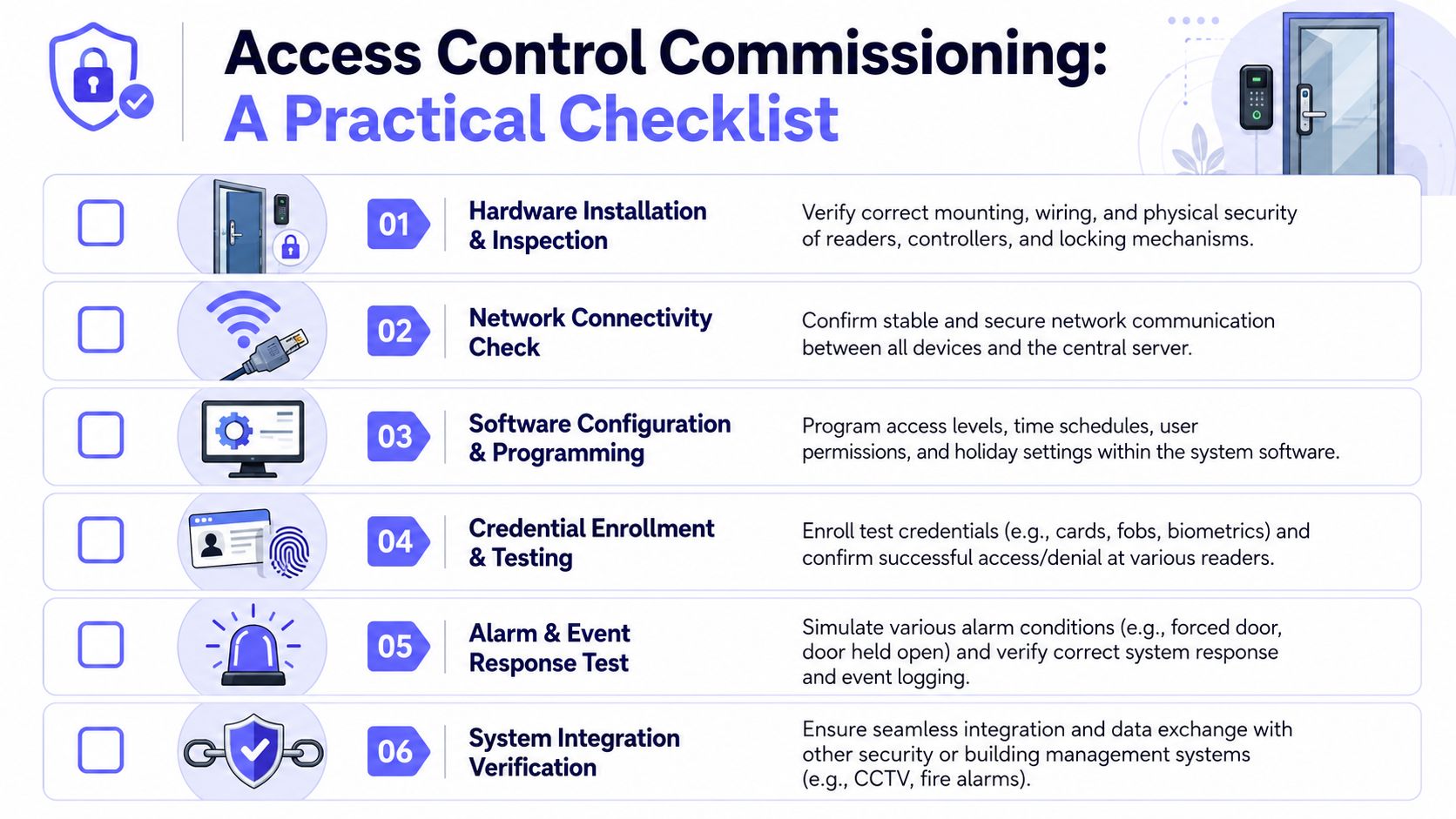 A practical checklist for commissioning access control systems, detailing six essential steps from installation to system integration.