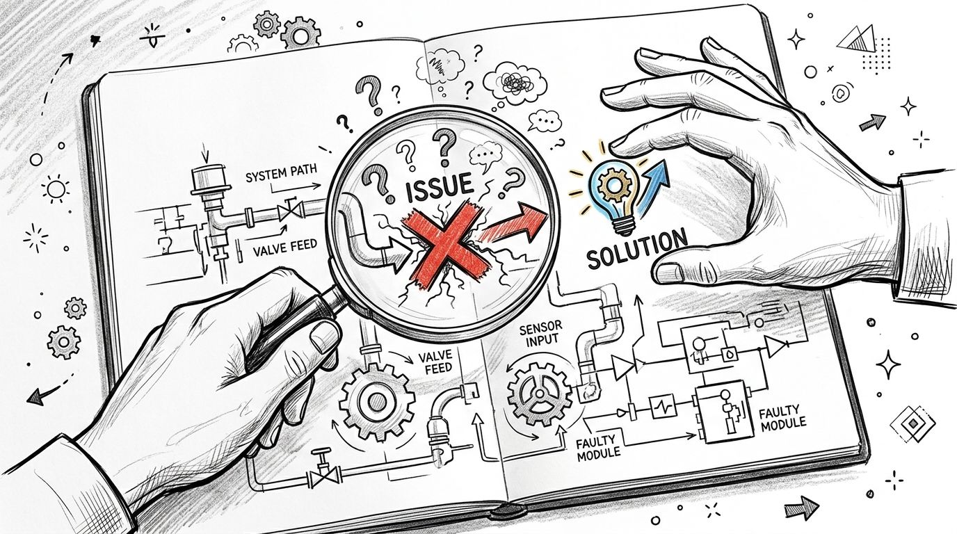A hand holds a magnifying glass over an issue diagram on a technical engineering drawing schematic.