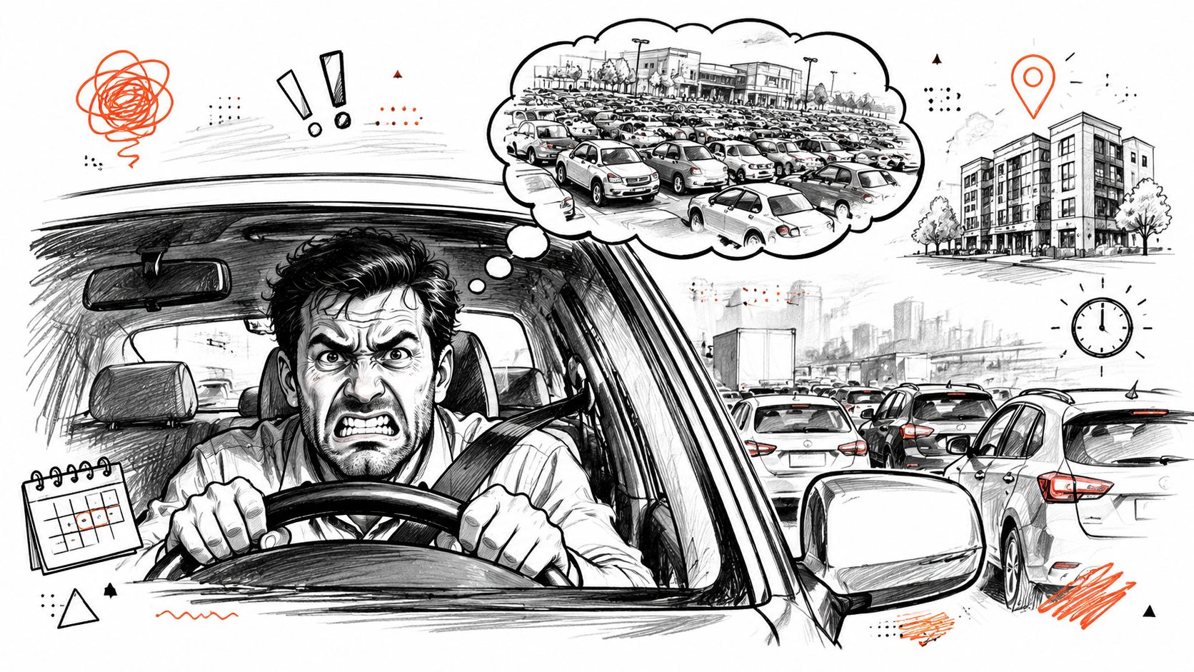 A frustrated driver sitting in traffic, worrying about finding a parking space at his busy destination.