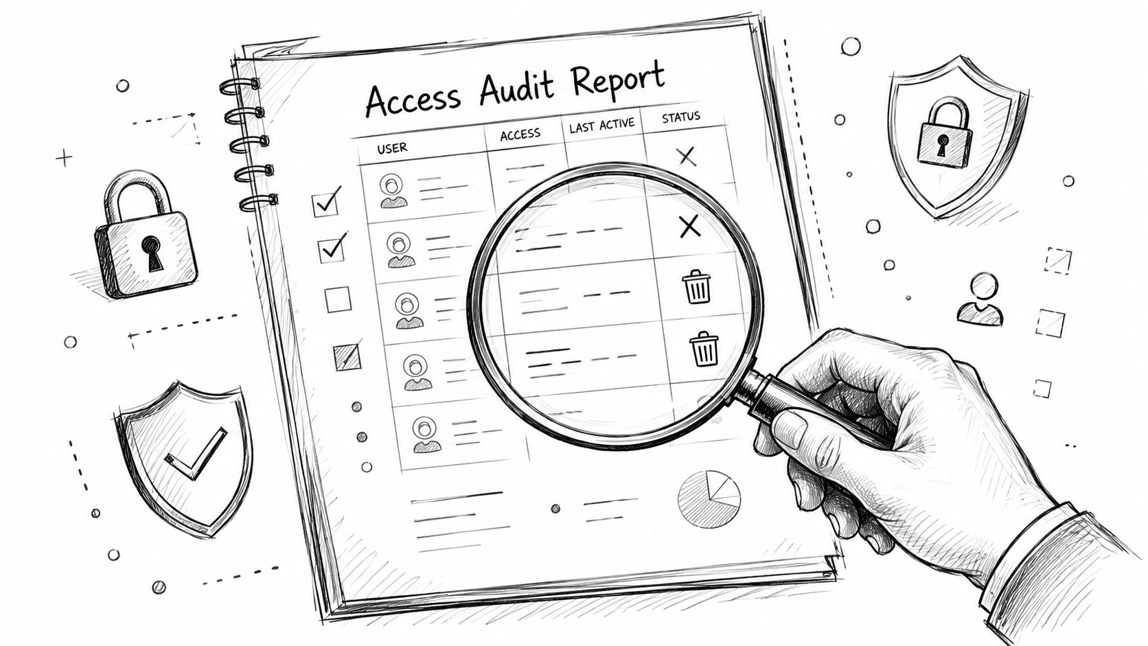 A hand holding a magnifying glass over an access audit report document showing user management details.