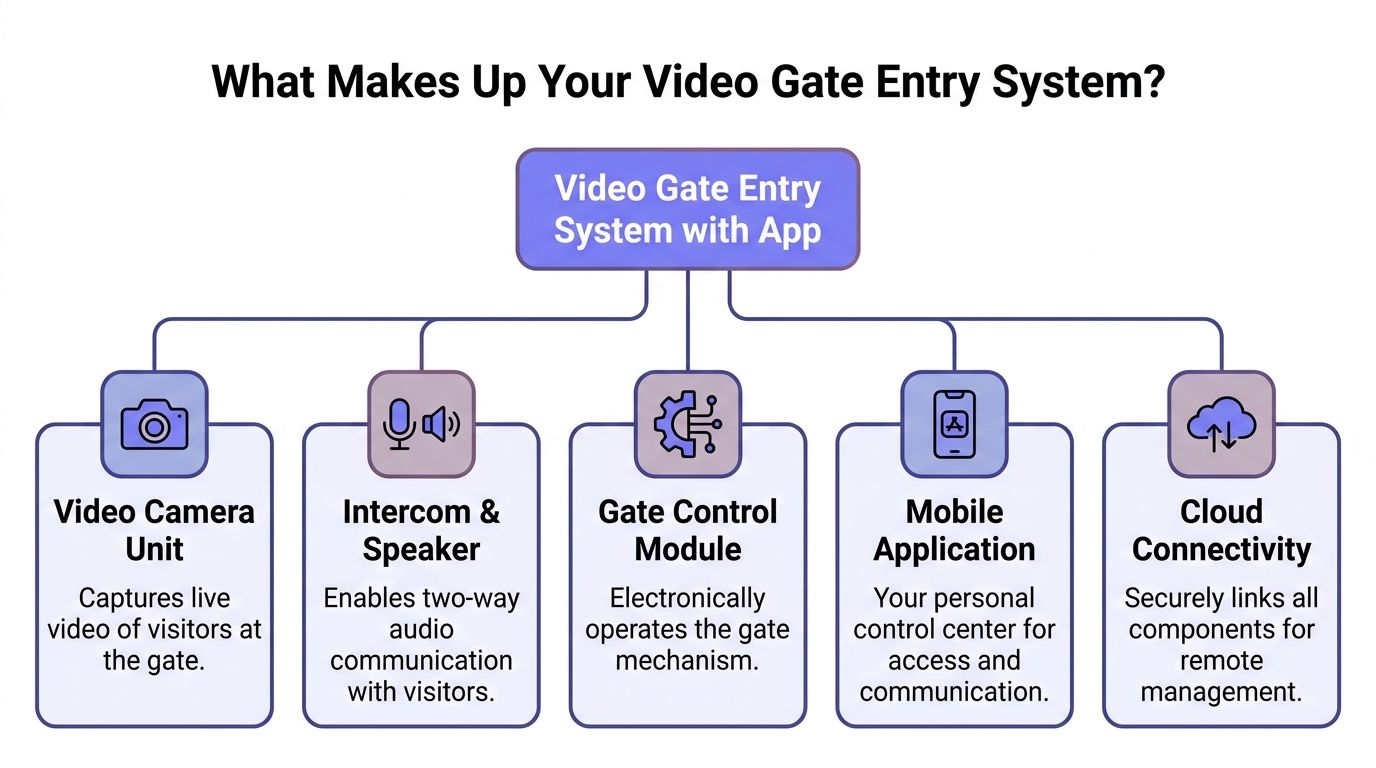 A diagram illustrating the five key components of a modern video gate entry system with app.