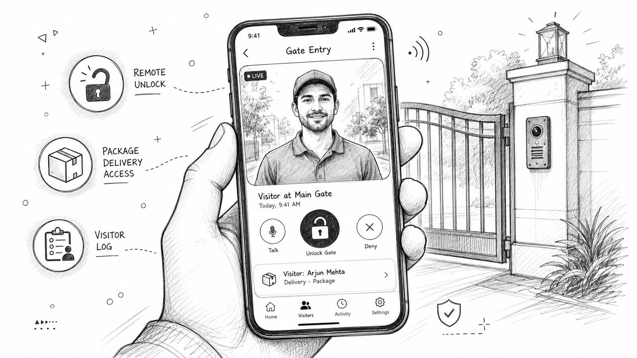 A hand holding a smartphone displaying a video gate entry app showing a visitor at the gate.