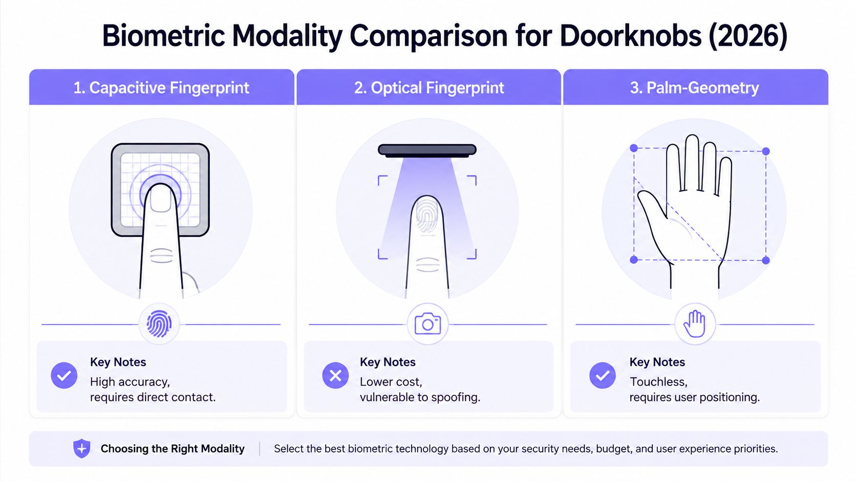 A comparison chart of three biometric authentication technologies for doorknobs including capacitive fingerprint, optical fingerprint, and palm geometry.