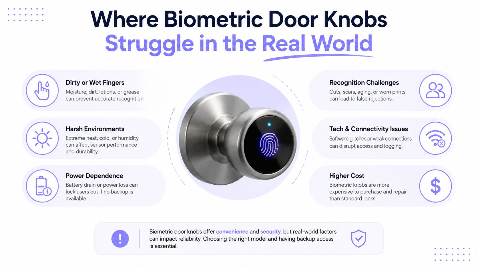 An infographic detailing common reliability challenges of biometric door knobs, such as environmental issues and technical limitations.