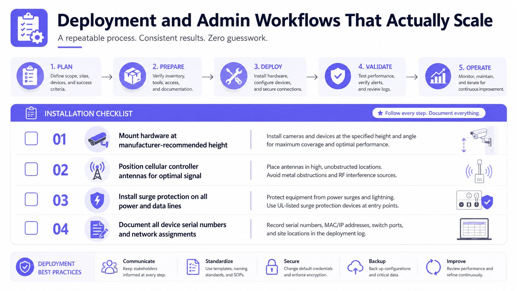 A professional infographic outlining a five-step deployment workflow and an installation checklist for security hardware systems.