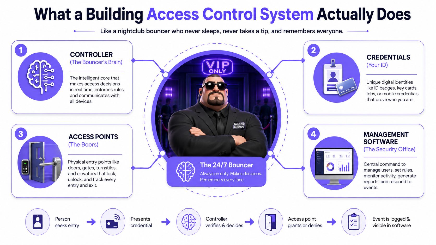 A diagram explaining how a building access control system functions using a bouncer metaphor.