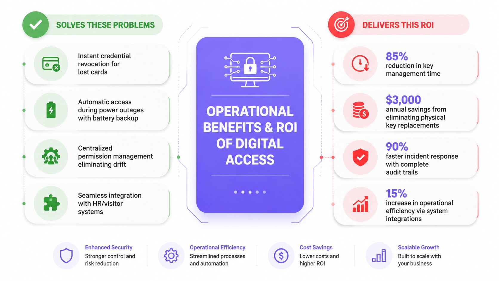 An infographic showing the operational benefits and return on investment of implementing a digital commercial access control system.