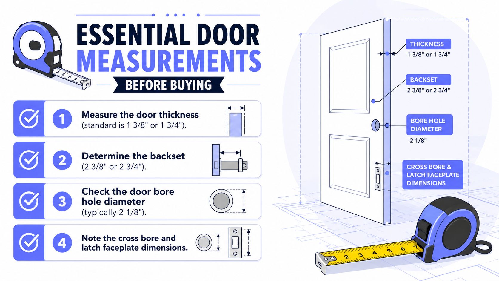 A detailed infographic showing the four essential measurements needed for purchasing new door locks, including thickness and backset.