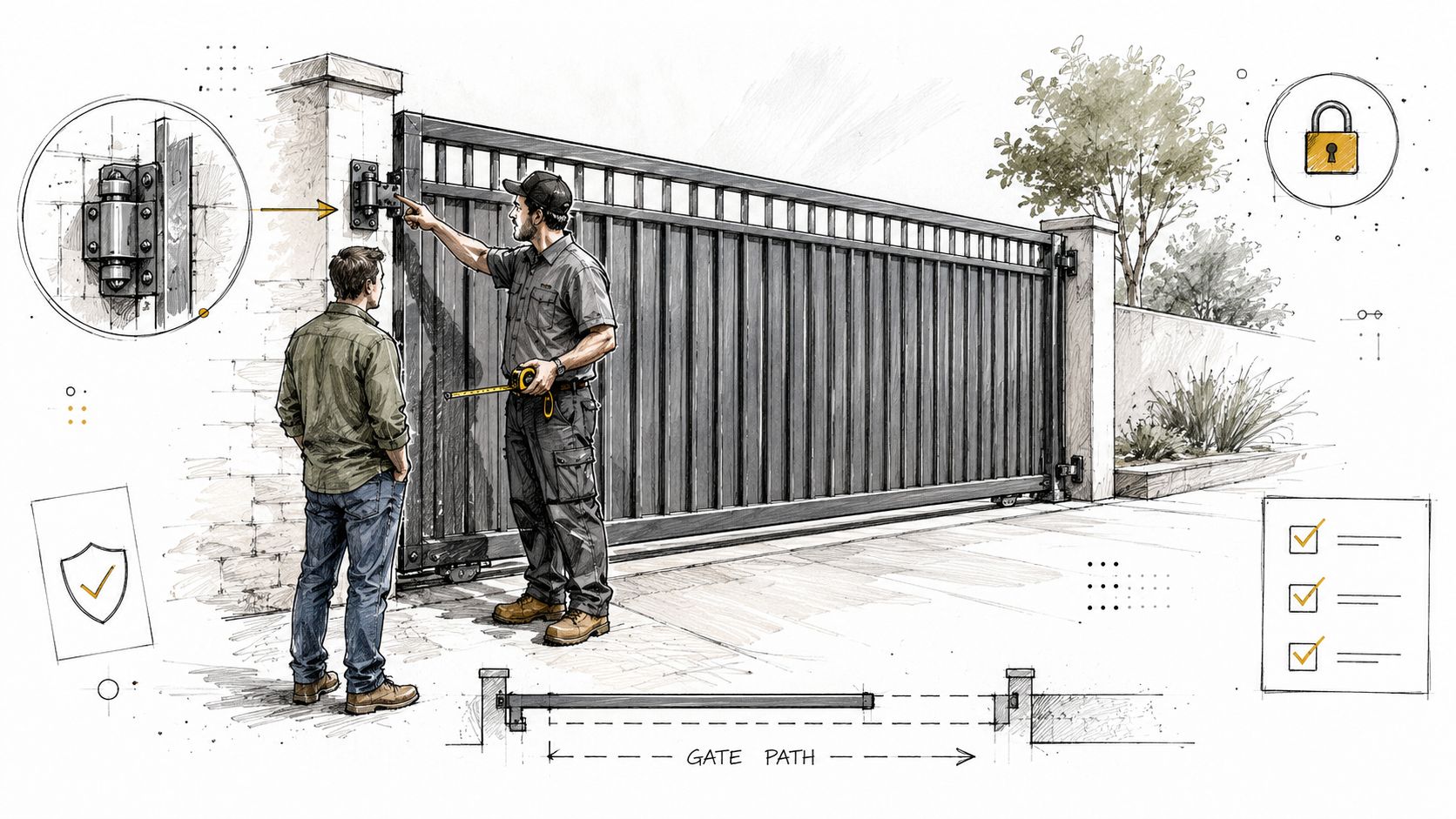 A technician explaining electric gate opener installation details to a client while inspecting the gate hinge.