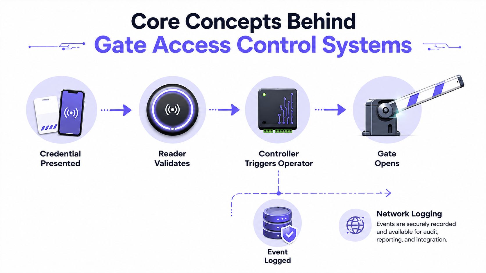 A diagram illustrating the core workflow of gate access control systems from credential presentation to event logging.