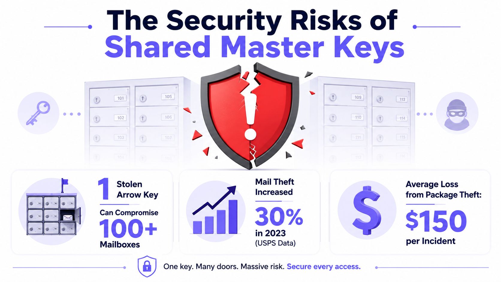 An infographic illustrating the security risks of shared master keys, highlighting increased mail theft and financial loss.