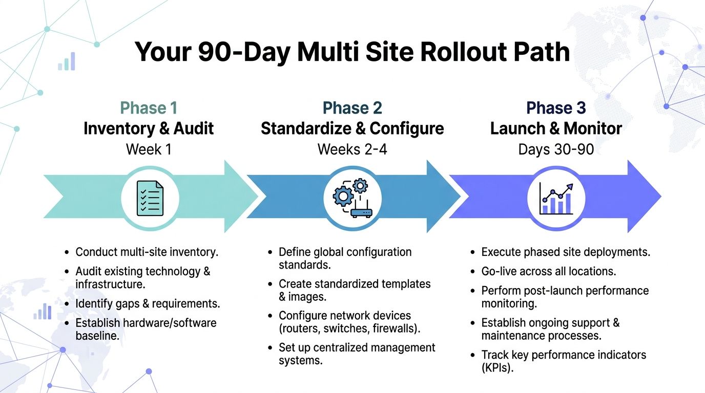 A visual timeline showing a 90-day multi-site rollout plan divided into three phases with specific tasks.