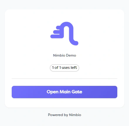 Nimbio GuestLinks landing page on a guest's phone, showing the Nimbio Demo community, a badge reading 1 of 1 uses left, and an Open Main Gate button