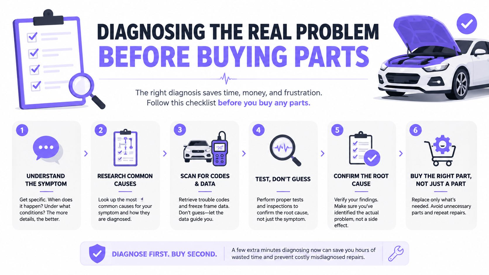 A six-step infographic guide on how to properly diagnose car problems before purchasing automotive replacement parts.