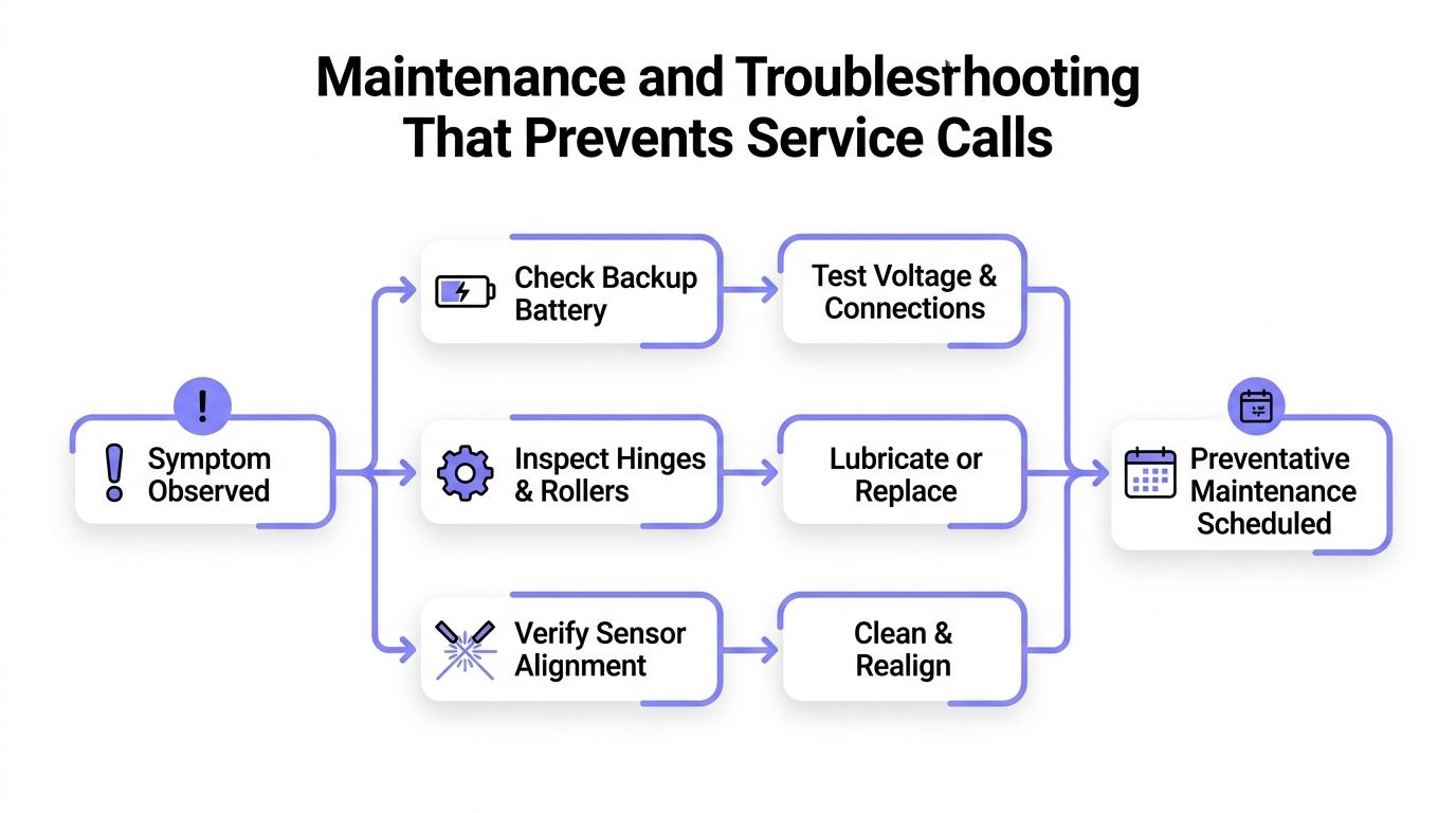 A flow chart showing maintenance steps for gate openers to troubleshoot issues and prevent service calls.