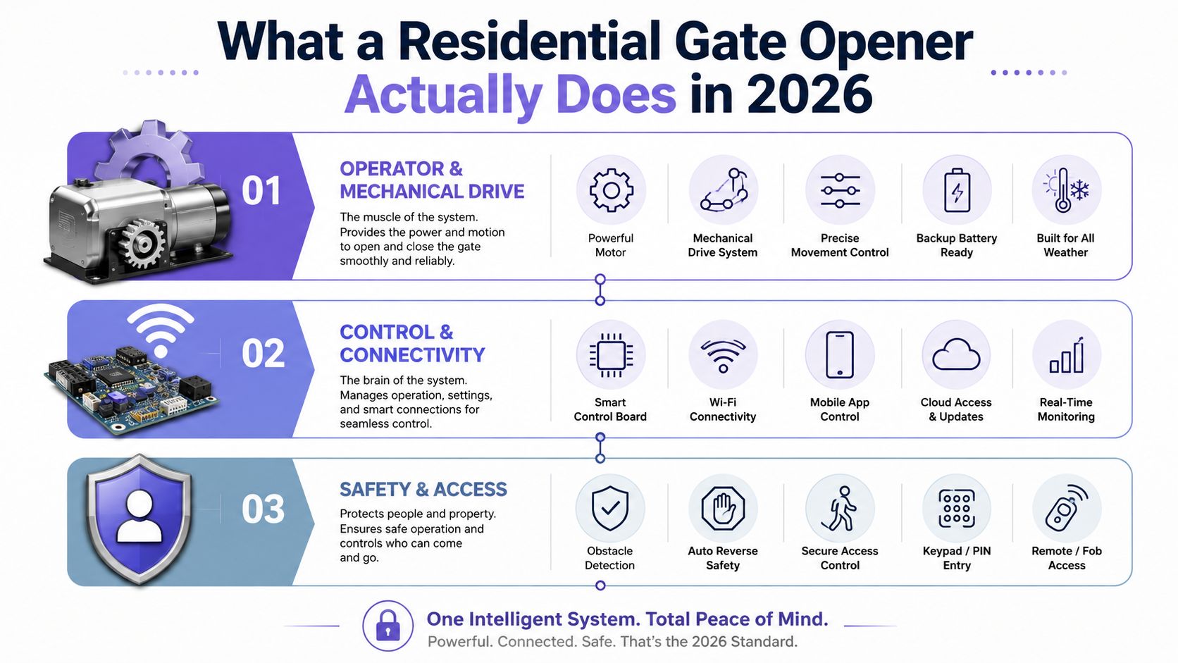 An infographic detailing the three essential components of a modern residential gate opener system in 2026.