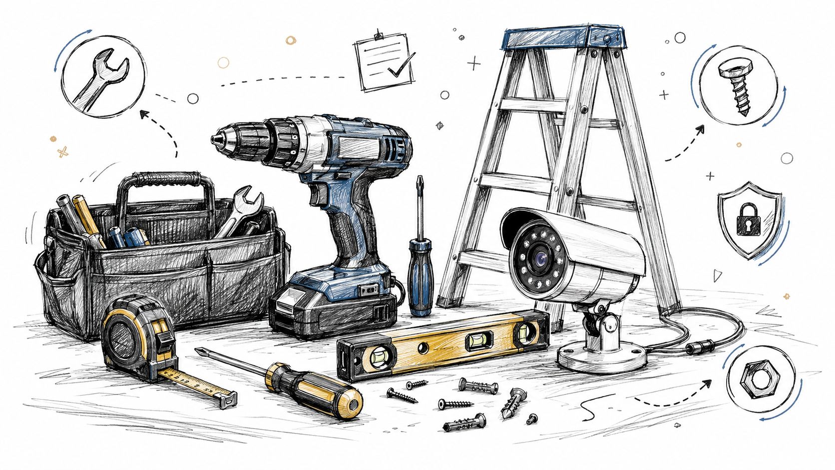 A hand-drawn illustration showing construction tools, a security camera, and equipment for professional home installation services.