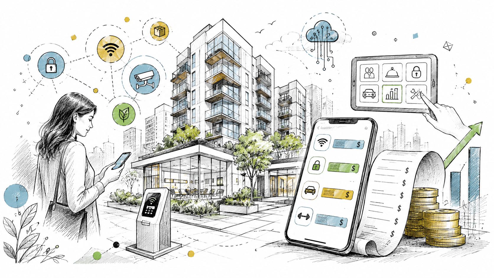 A woman using a smartphone in front of a modern smart building with integrated digital amenities technology.