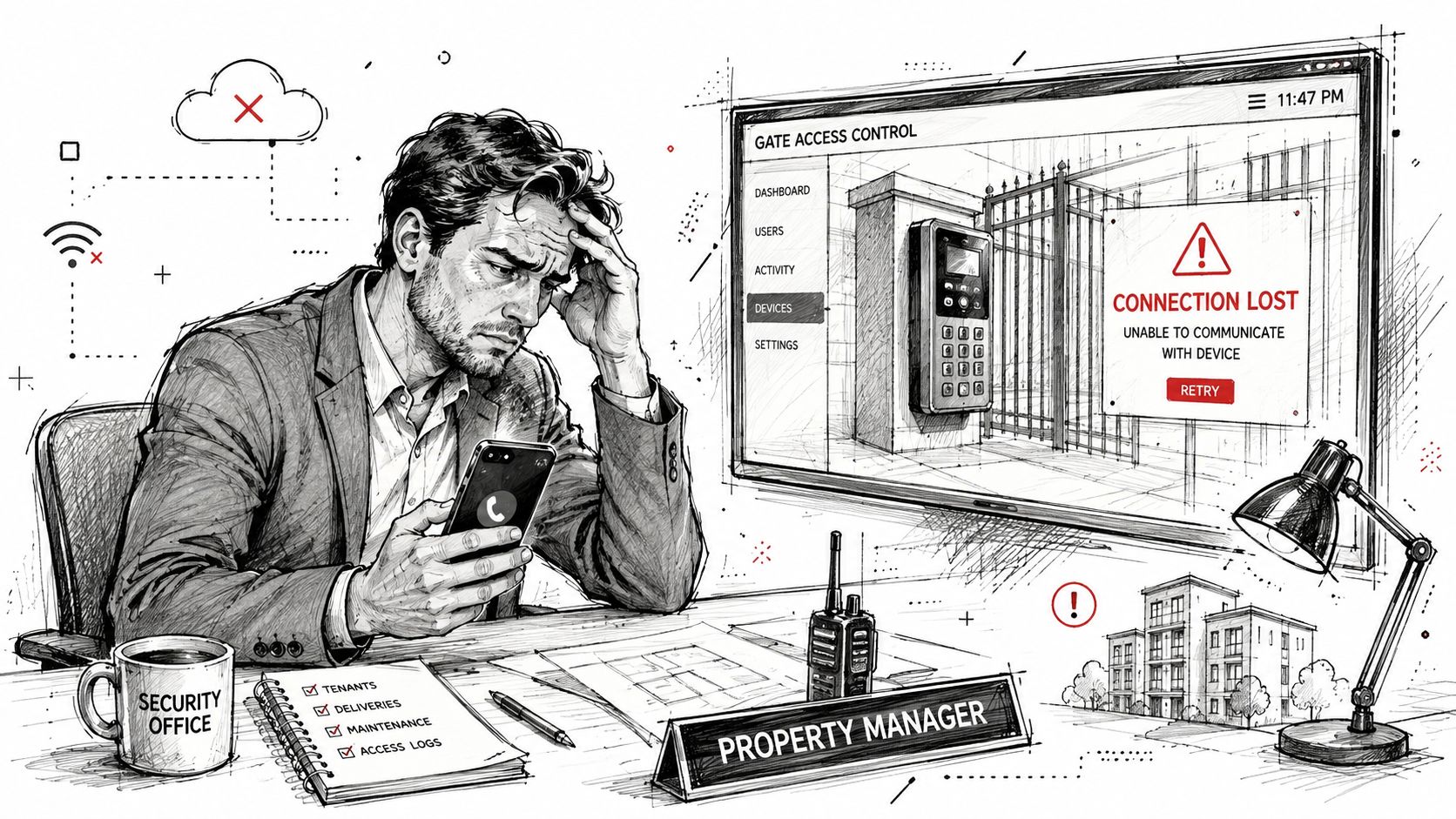 A frustrated property manager looking at a phone while a gate access control screen shows a connection error.