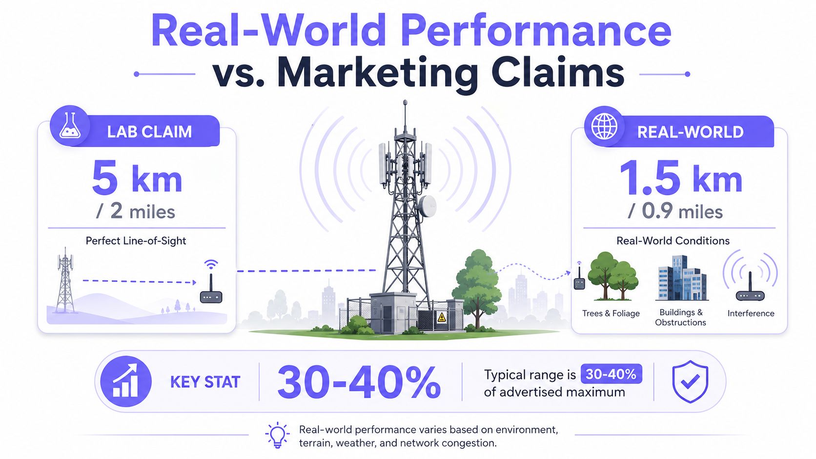 An infographic comparing wireless technology marketing claims to actual real-world performance range expectations and signal limitations.