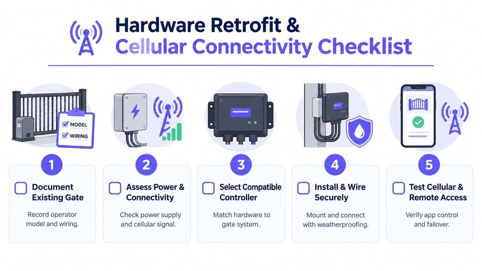 A five-step instructional checklist for performing a hardware retrofit and cellular connectivity upgrade on gate systems.
