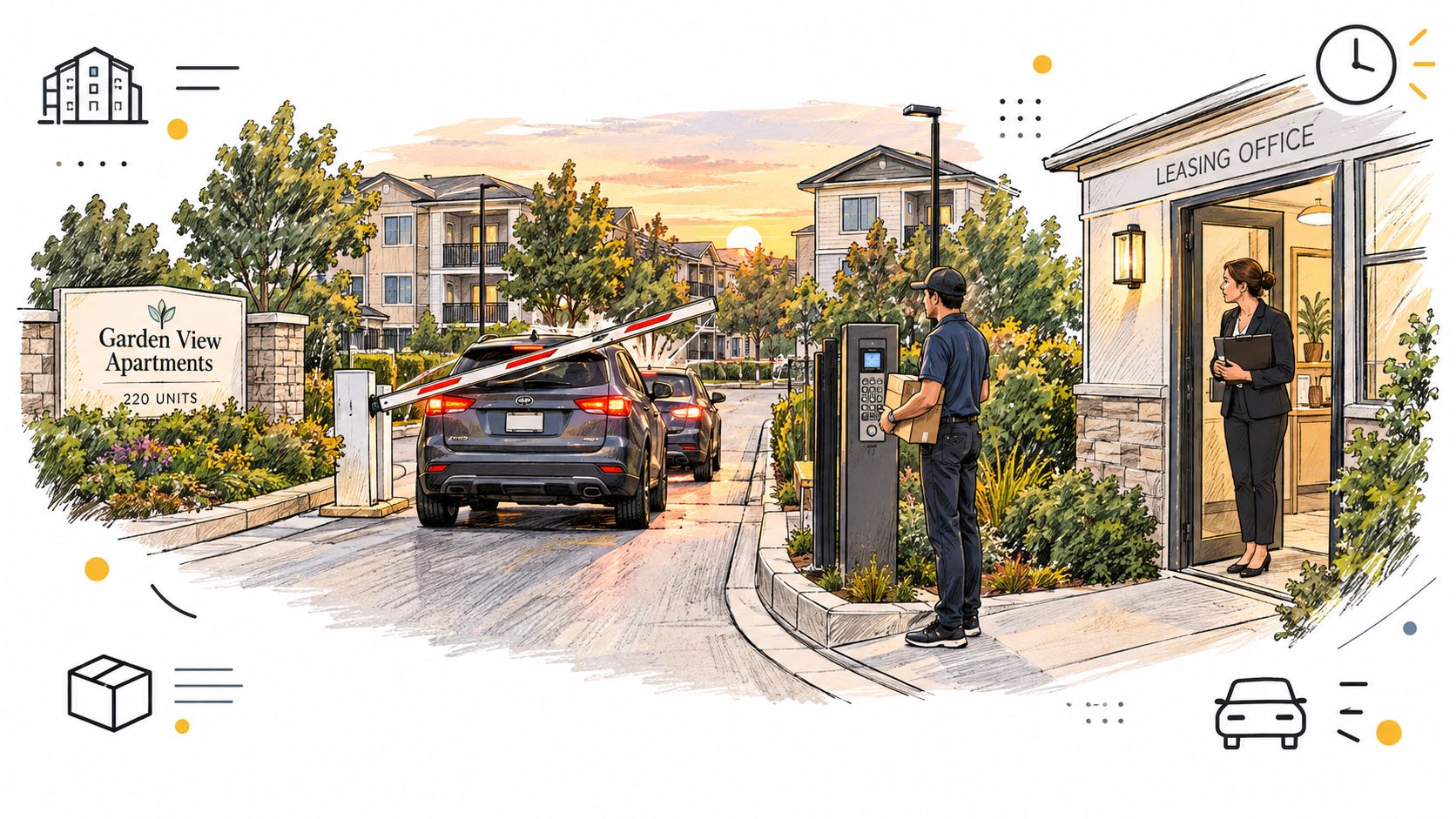 A delivery driver interacts with an apartment access control system while a leasing agent observes nearby.