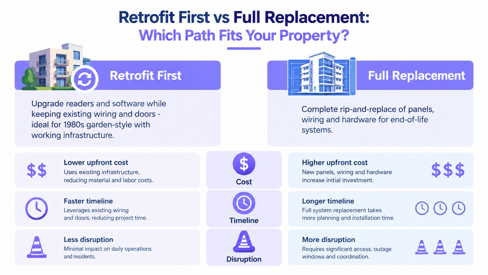 A comparison chart showing benefits of retrofitting versus full replacement for apartment building access control systems.