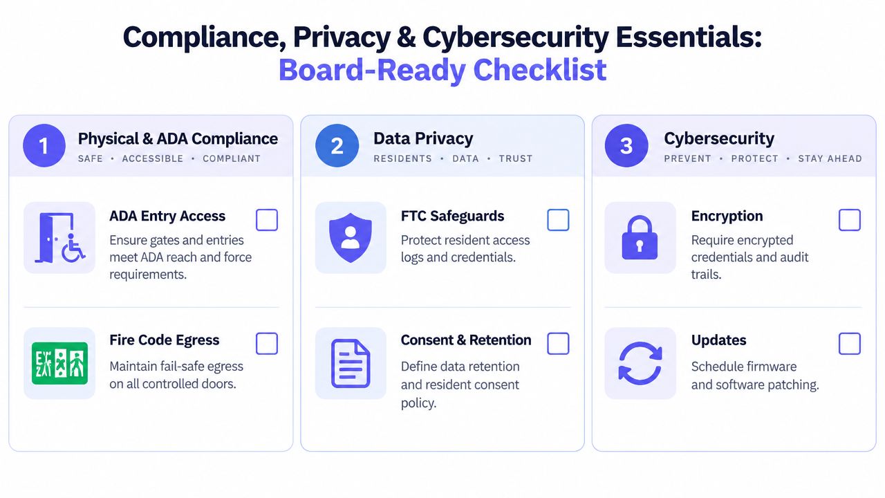 A checklist graphic outlining essential compliance, data privacy, and cybersecurity standards for apartment building access control systems.