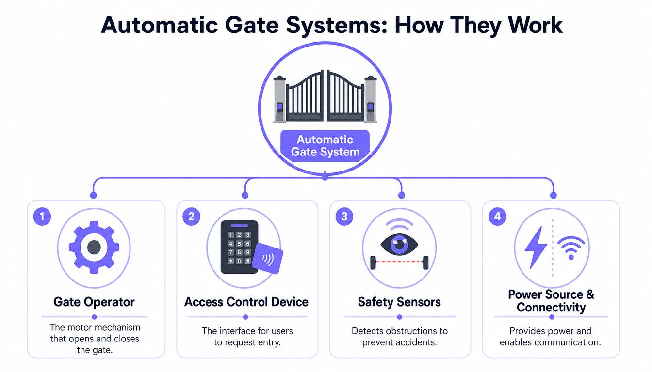 A diagram illustrating the four key components of an automatic gate system, including motor, access, and sensors.