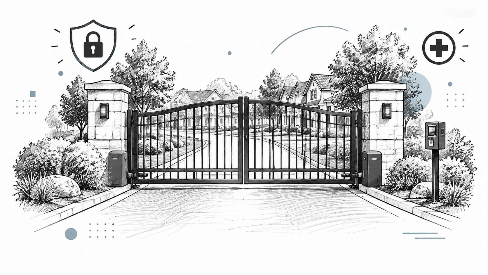 A detailed pencil sketch of a modern residential neighborhood entrance featuring an automatic metal gate system.