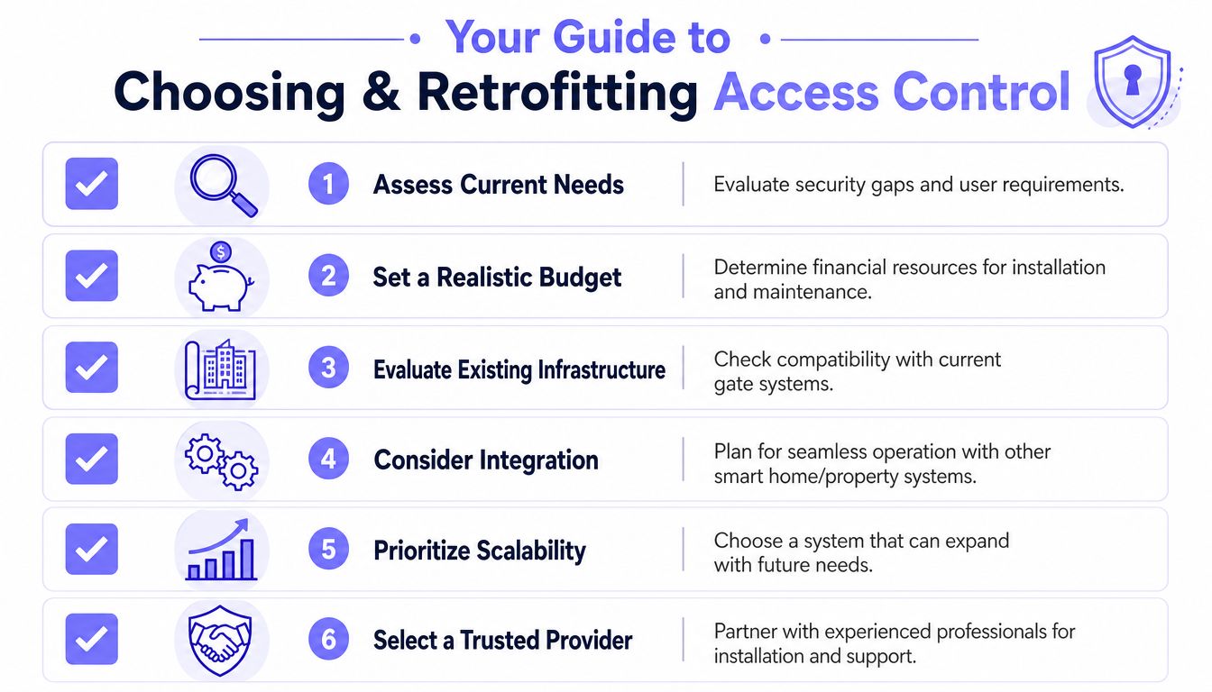 A guide listing six steps for choosing and retrofitting professional access control systems for property security.