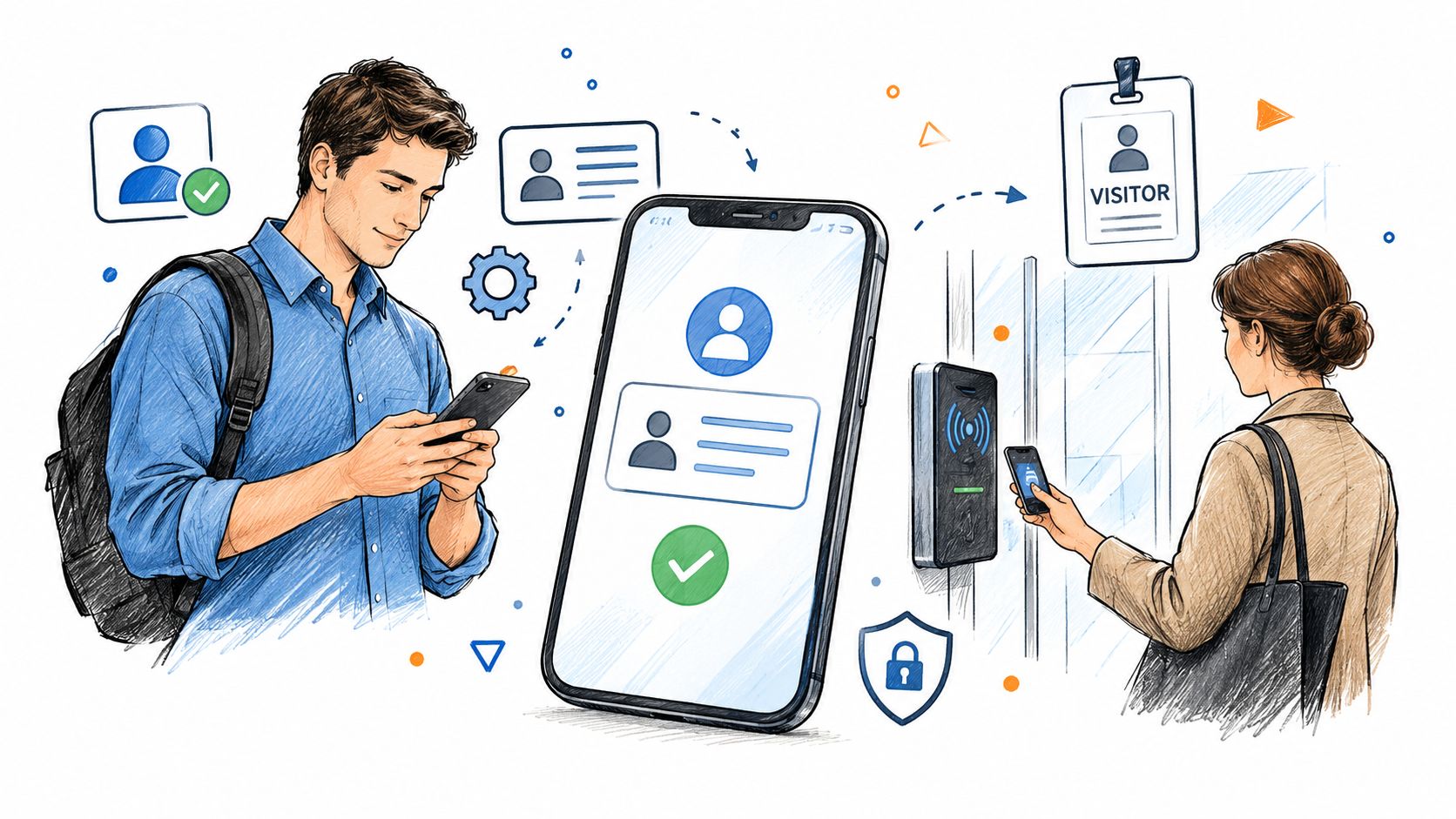 A person using a smartphone app for digital identity verification and contactless door access control system.