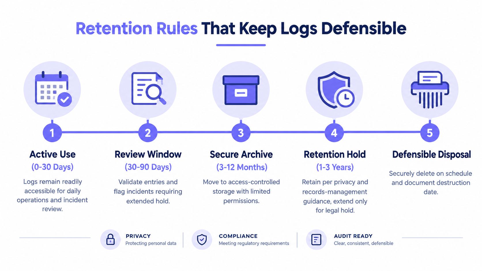 A five-step infographic showing a lifecycle for log retention, from active use to secure, defensible disposal.