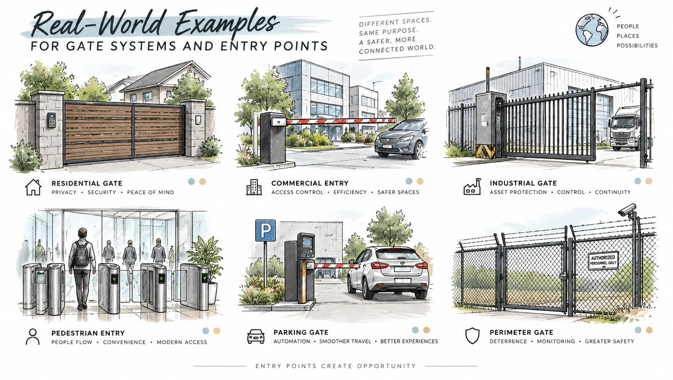 A diagram illustrating various types of gate and access control systems for residential, commercial, and industrial settings.