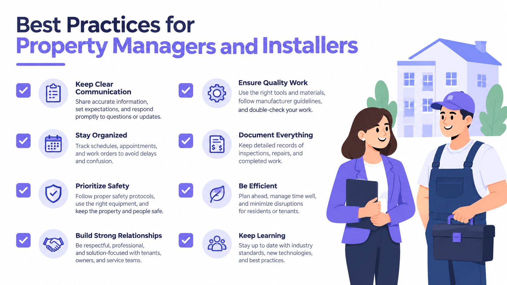 An infographic titled Best Practices for Property Managers and Installers highlighting eight essential tips for professional property services.