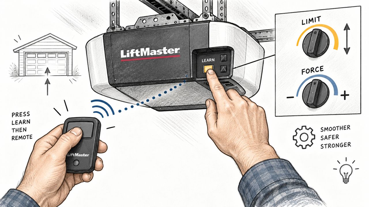 A hand pressing the learn button on a LiftMaster garage door opener while holding a remote control.