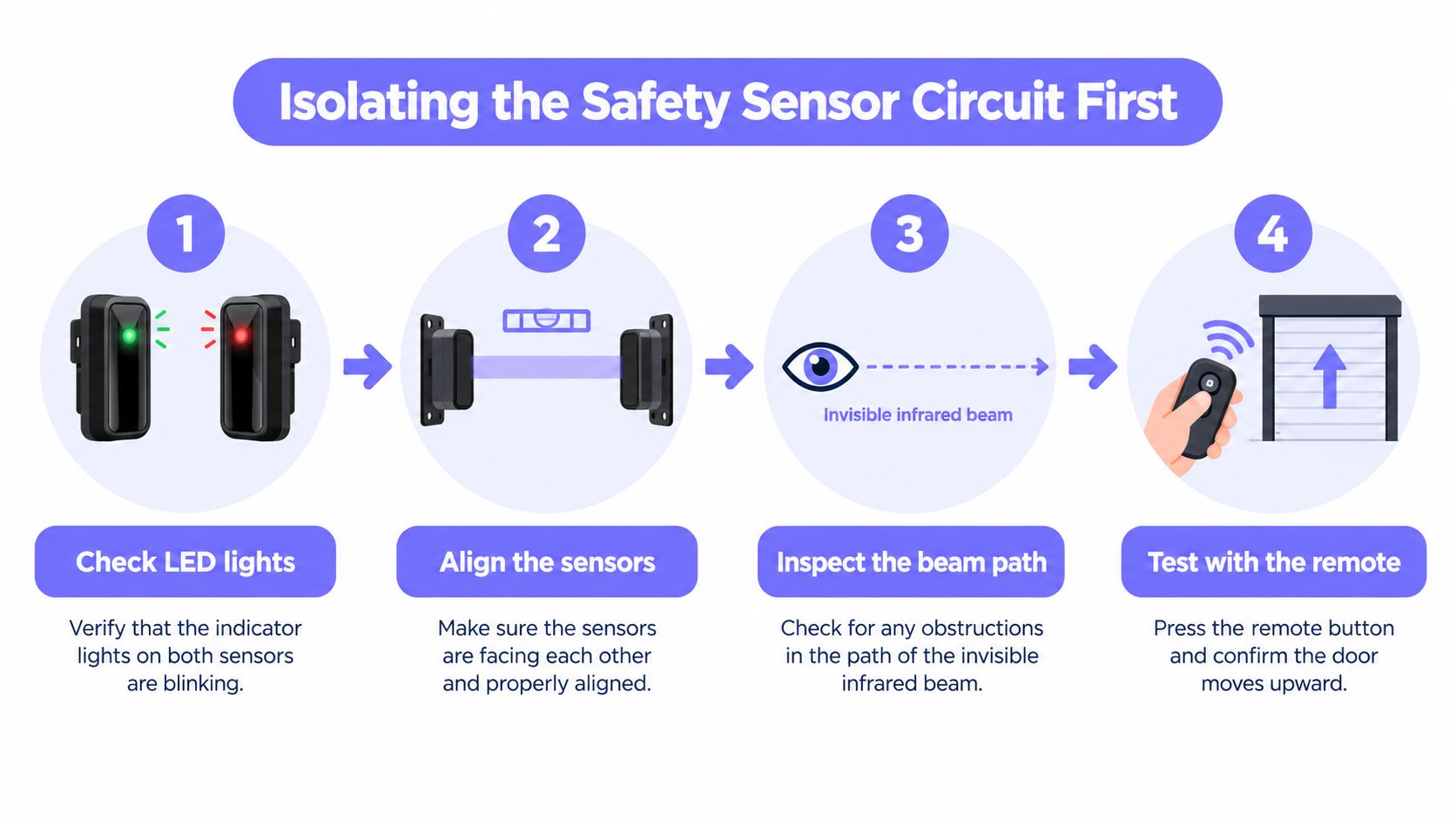 An infographic showing four steps to isolate and troubleshoot a garage door safety sensor circuit system.