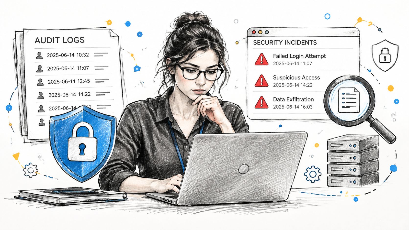 A cybersecurity analyst reviewing audit logs and security incident alerts on a laptop in an office setting.