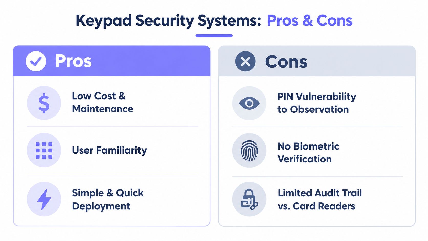 A comparison chart outlining the pros and cons of using keypad security systems for building access control.