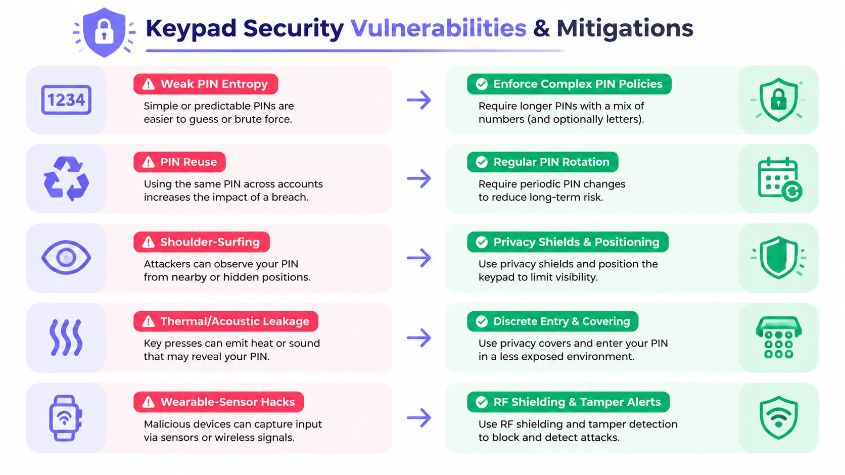 A visual guide illustrating common keypad security vulnerabilities on the left and their corresponding protective mitigations on the right.