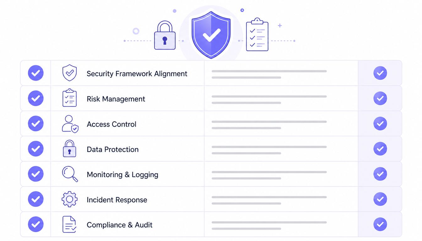 A checklist diagram showcasing seven key cybersecurity areas like risk management, access control, and incident response for protection.