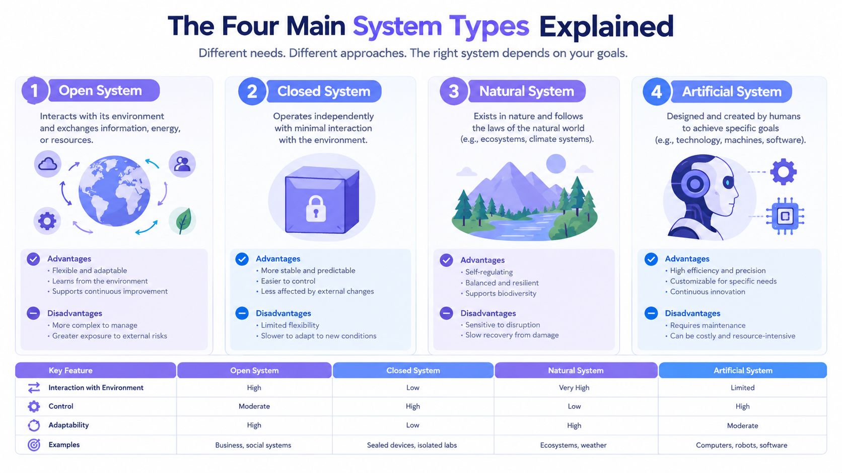 An educational infographic comparing four main system types: open, closed, natural, and artificial, highlighting their characteristics.
