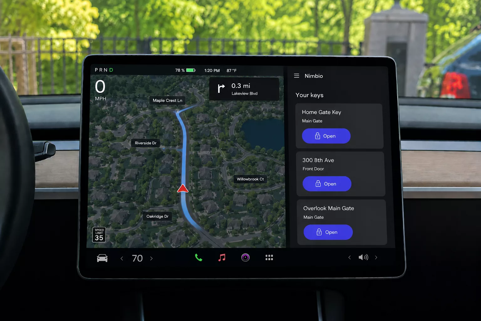 A Tesla dashboard screen showing the Nimbio Car Web App: a Your keys list with Open buttons for Home Gate Key, 300 8th Ave, and Overlook Main Gate beside the navigation map